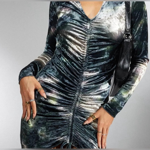 MOTEL x IRIS Aviva Y2k Mini Dress Velvet Ruched Abstract Camo medium 1290 - Picture 2 of 10